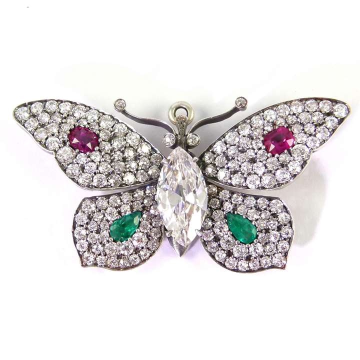Early 20th century diamond and gem set butterfly brooch